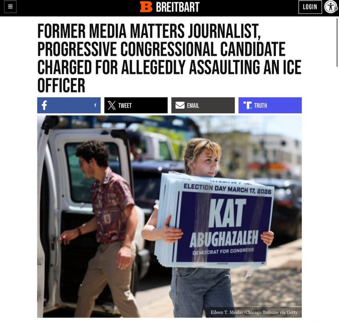 FORMER MEDIA MATTERS JOURNALIST, PROGRESSIVE CONGRESSIONAL CANDIDATE CHARGED FOR ALLEGEDLY ASSAULTING AN ICE OFFICER

[Image shows a person holding a sign reading] KAT ABUGHAZAN