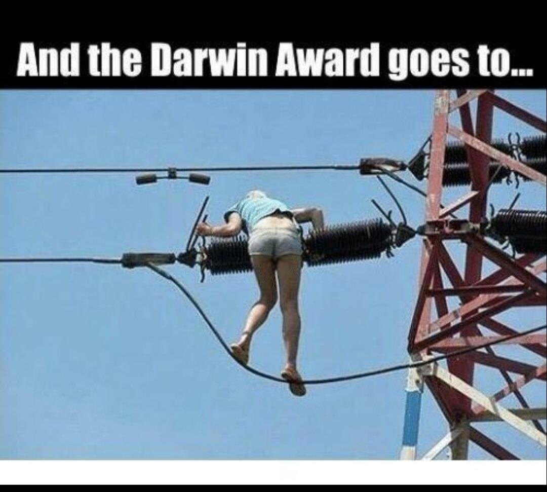 And the Darwin Award goes to... A person is seen balancing precariously on a high-voltage power line near an electrical pylon, performing an extremely dangerous and foolish act.