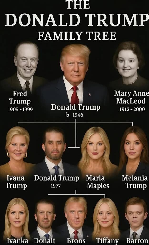 THE DONALD TRUMP FAMILY TREE
Donald Trump b. 1946
Fred Trump 1905-1999
Mary Anne MacLeod 1912-2000
Ivana Trump
Donald Trump 1977
Marla Maples
Melania Trump
Ivanka Trump
Donald Jr
Brons
Tiffany
Barron