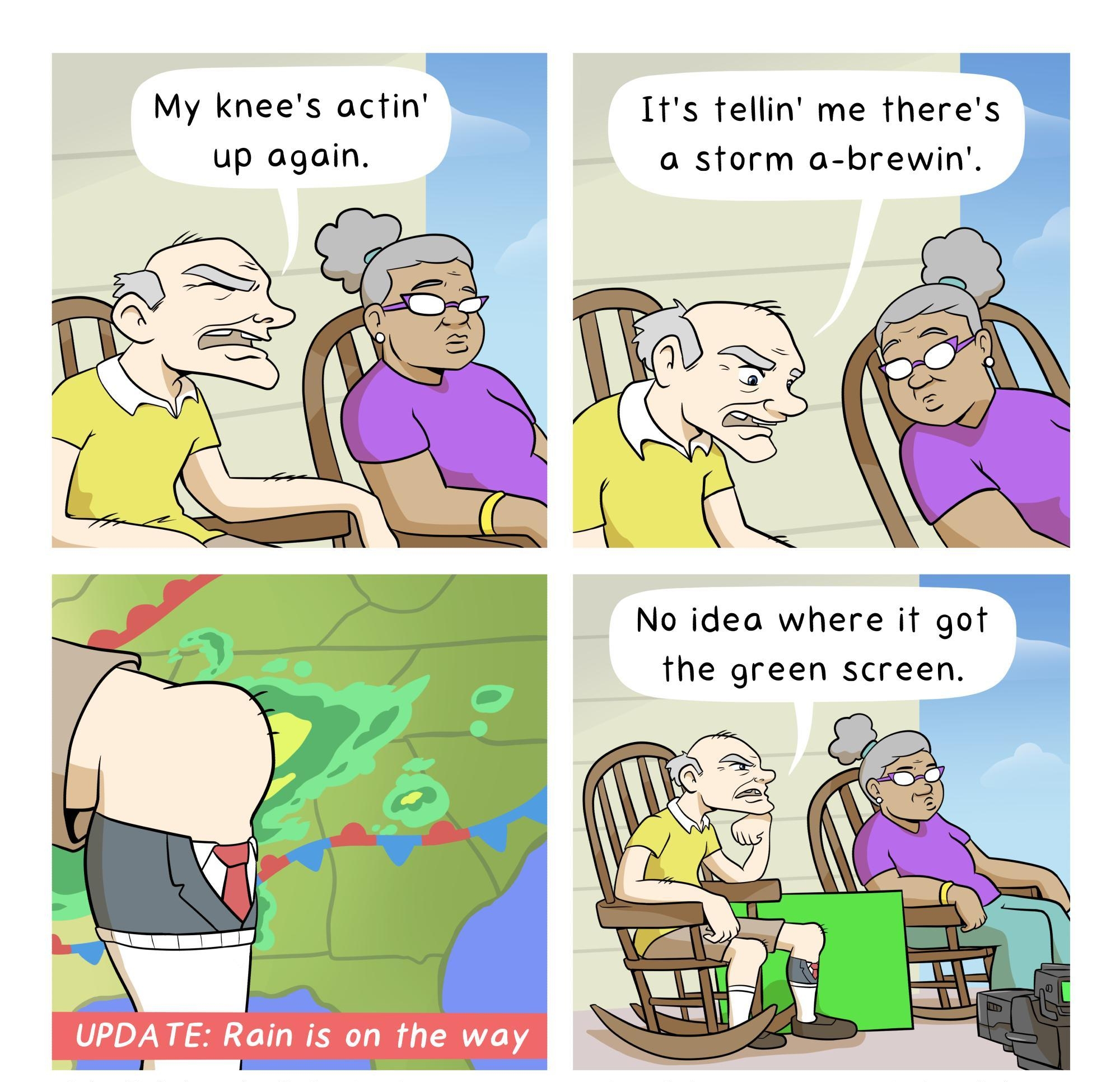 My knees acfin Its tellin me theres up again a storm a brewin 1 No idea where it gof the green screen Inky Rickshaw by Ricky Hawkins inkyrickshawcom inkyrickshaw