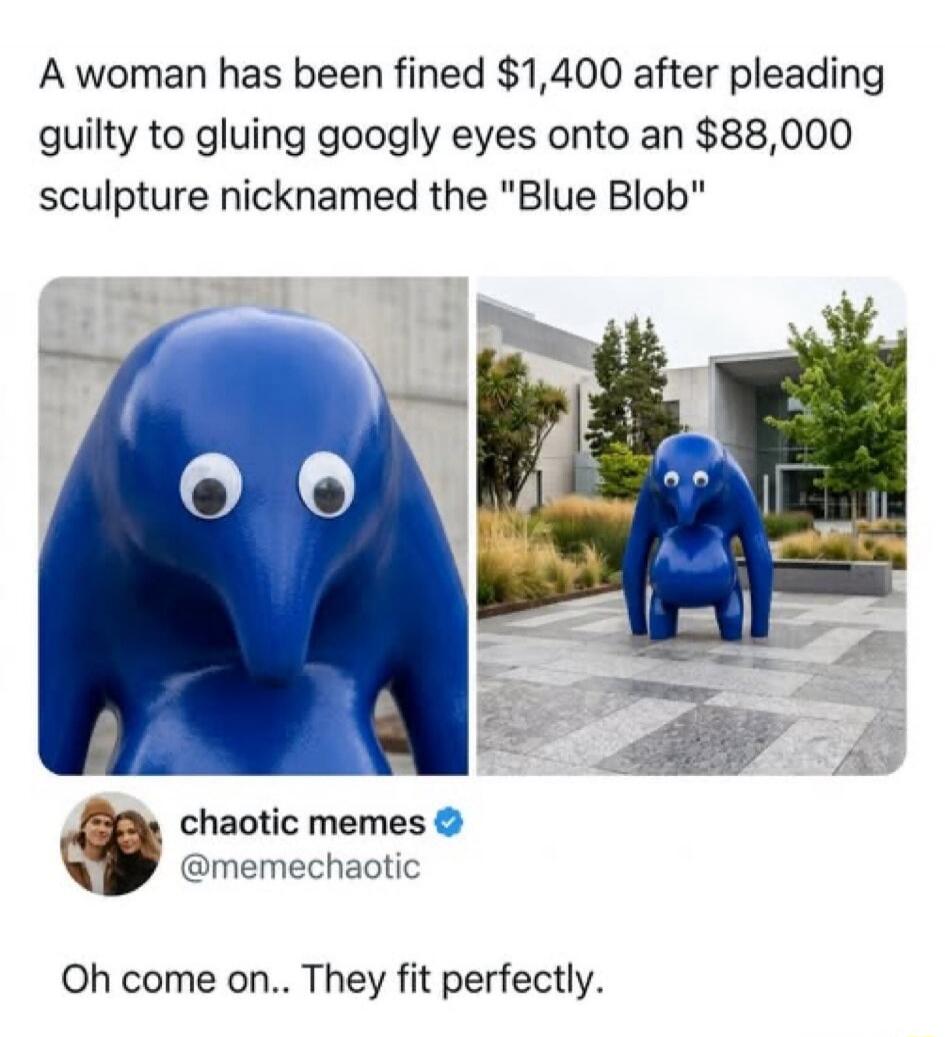 A woman has been fined $1,400 after pleading guilty to gluing googly eyes onto an $88,000 sculpture nicknamed the 