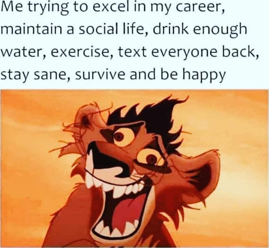 Me trying to excel in my career maintain a social life drink enough water exercise text everyone back stay sane survive and be happy