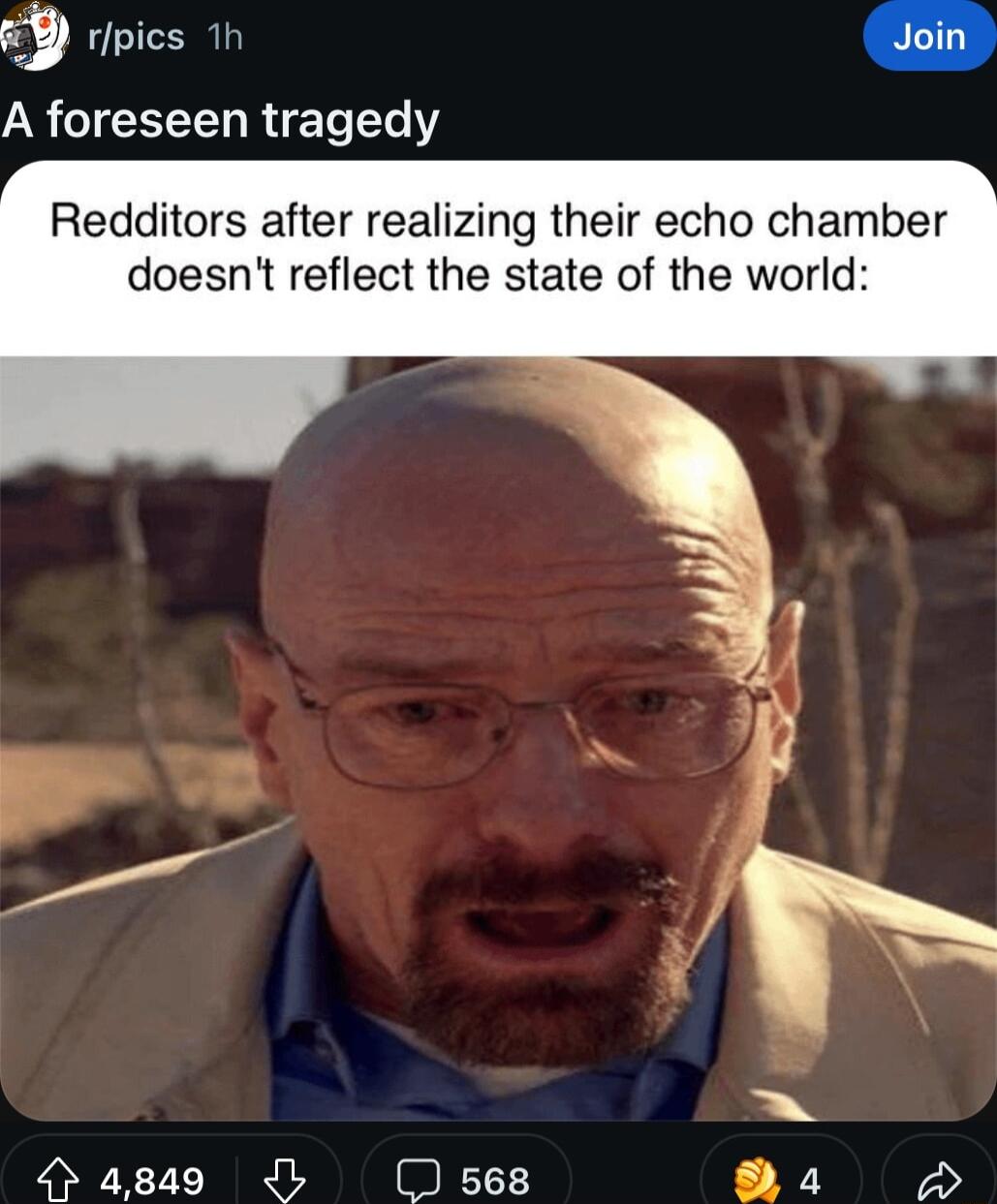 Y ripics 1h Join A foreseen tragedy Redditors after realizing their echo chamber doesnt reflect the state of the world
