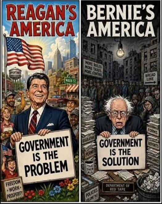 REAGAN'S AMERICA GOVERNMENT IS THE PROBLEM FREEDOM WORK PROSPERITY OPPORTUNITY MAIN ST. BERNIE'S AMERICA GOVERNMENT IS THE SOLUTION MORE RULES MORE TAXES MORE CONTROL BREAD LINE TAX THEM ALL DEPARTMENT OF RED TAPE REGULATIONS PERMITS FORMS REPORTS COMPLIANCE POLICIES VOLUME 743