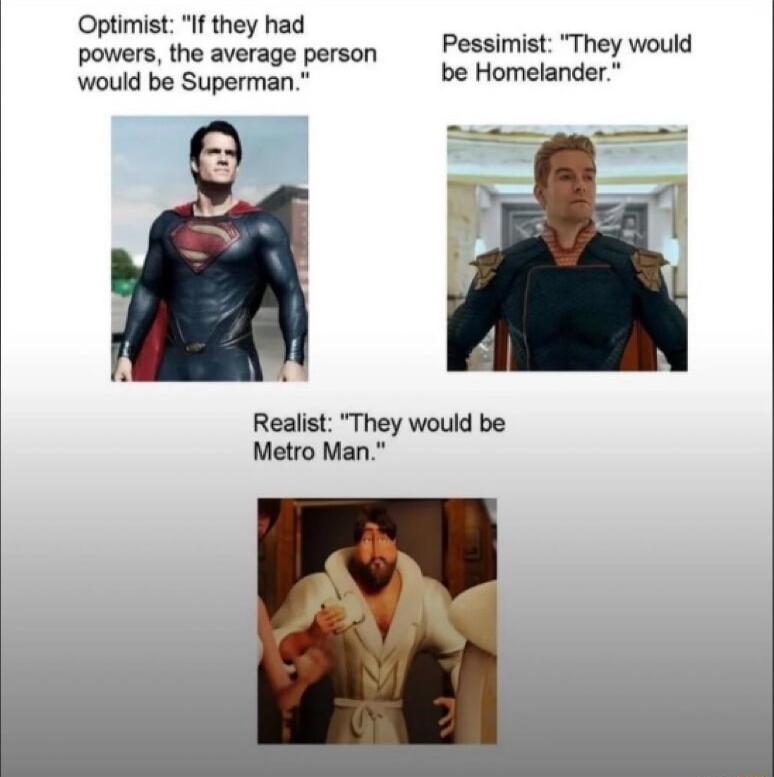 Optimist If they had powers the average person would be Superman Metro Man Realist They would be Pessimist They would be Homelander