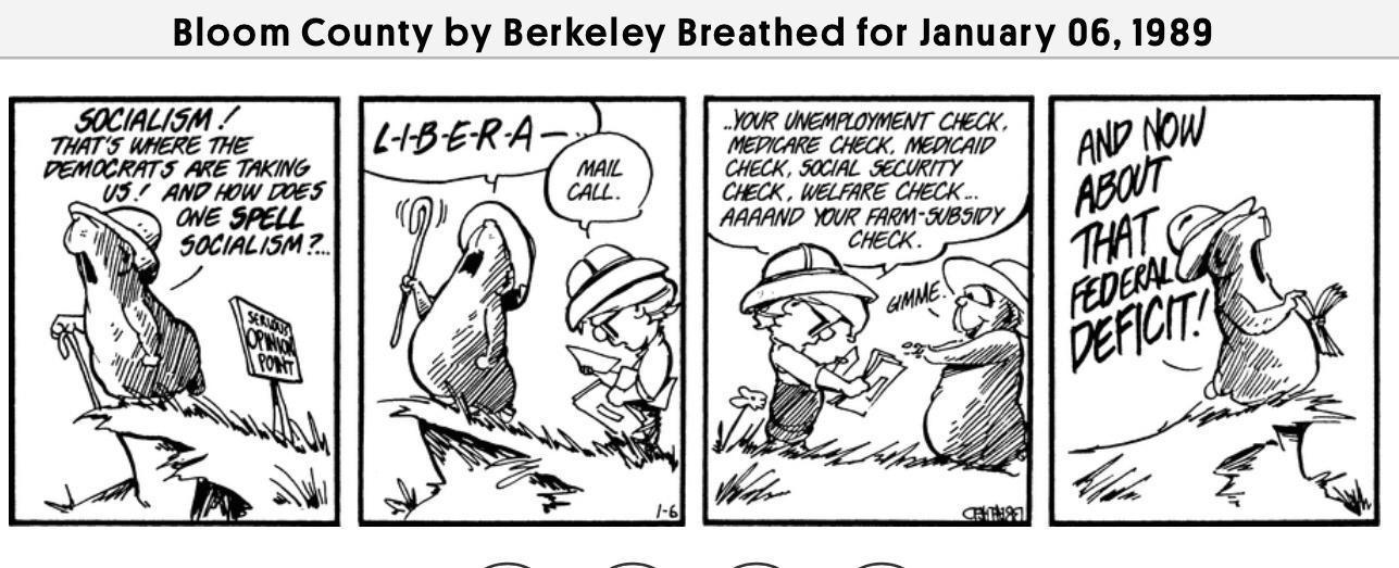 Bloom County by Berkeley Breathed for January 06 1989 SOCIALITM THATS WHERE THE EMOCRATS ARE TAKING U3 ANG HOW DOES X SOCIALISM