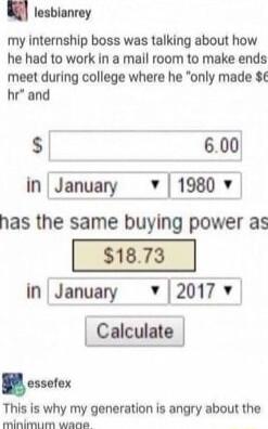 lesbianrey my internship boss was talking about how he had to work In a mail room to make ends meet during college where he only made hr and S 600 inJanuary v 1980 v has the same buying power as inJanuary v 2017 v Calculate esufex This is why my generation is angry about the minimum wane