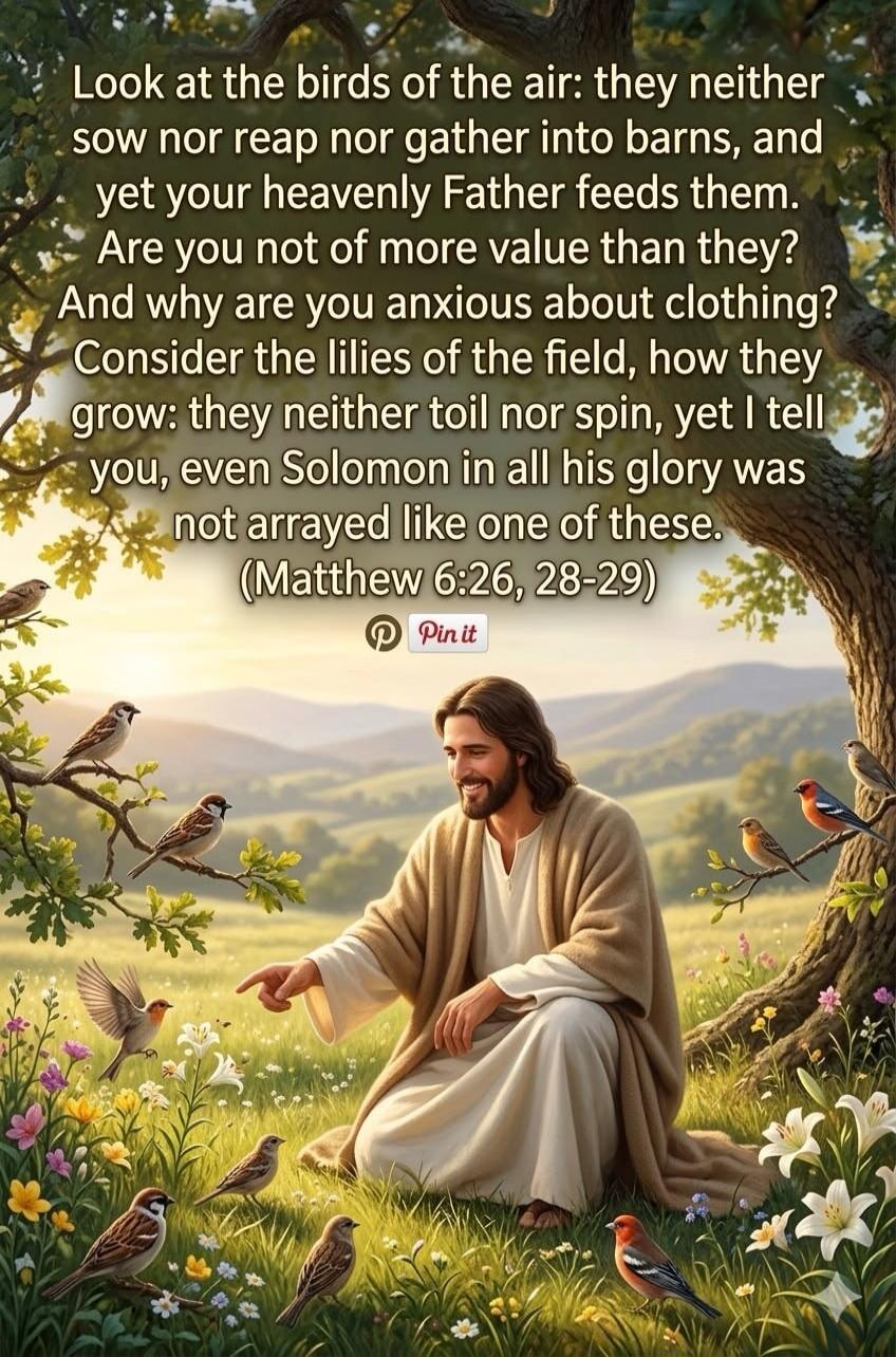 Look at the birds of the air: they neither sow nor reap nor gather into barns, and yet your heavenly Father feeds them. Are you not of more value than they? And why are you anxious about clothing? Consider the lilies of the field, how they grow: they neither toil nor spin, yet I tell you, even Solomon in all his glory was not arrayed like one of th