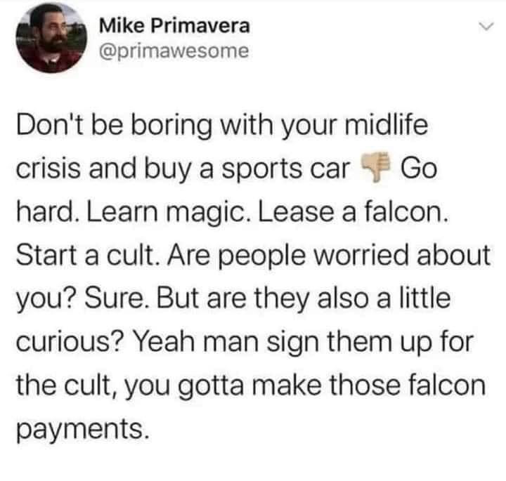 Mike Primavera primawesome Dont be boring with your midlife crisis and buy a sports car F Go hard Learn magic Lease a falcon Start a cult Are people worried about you Sure But are they also a little curious Yeah man sign them up for the cult you gotta make those falcon payments