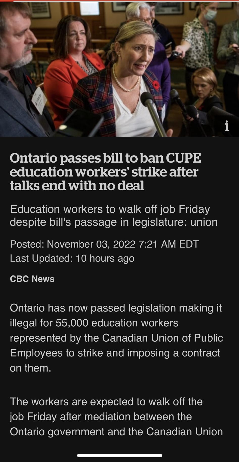03115 o0 1T 11 Te oV o A 618 2 4 education workers strike after talks end with no deal Education workers to walk off job Friday despite bills passage in legislature union Posted November 03 2022 721 AM EDT Last Updated 10 hours ago CBC News Ontario has now passed legislation making it illegal for 55000 education workers represented by the Canadian Union of Public Employees to strike and imposing a