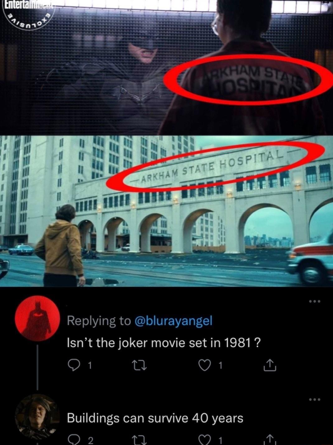 Replying to blurayangel 3 Isnt the joker movie set in 19817 Q1 et VA Buildings can survive 40 years oW M 1 A