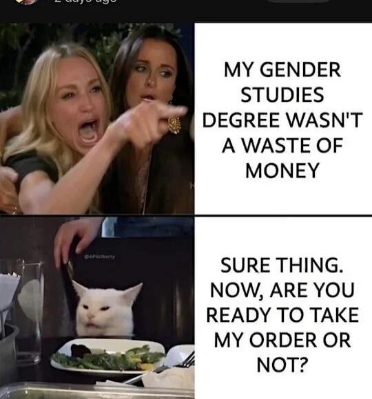 MY GENDER STUDIES DEGREE WASN'T A WASTE OF MONEY
SURE THING. NOW, ARE YOU READY TO TAKE MY ORDER OR NOT?