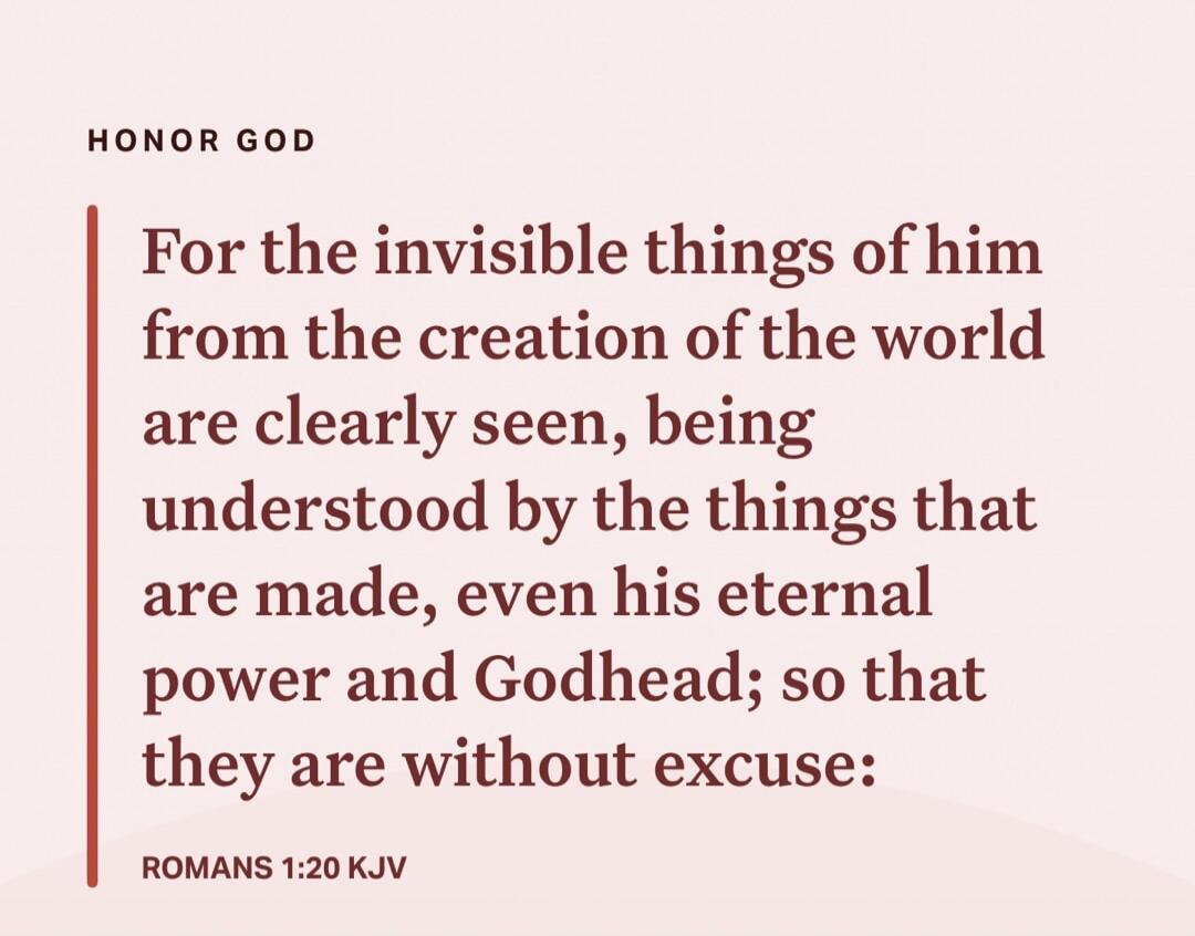 For the invisible things of him from the creation of the world are clearly seen, being understood by the things that are made, even his eternal power and Godhead; so that they are without excuse: ROMANS 1:20 KJV
