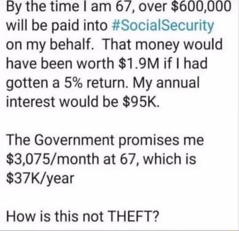 By the time am 6 over 600000 will be paid into SocialSecurity on my behalf That money would have been worth 19M if had gotten a 5 return My annual interest would be 95K The Government promises me 3075month at 67 which is 37Kyear How is this not THEFT