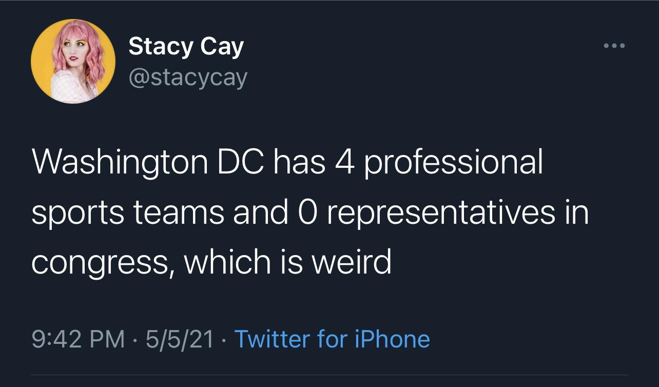 Stacy Cay QS EloYerY Washington DC has 4 professional sports teams and O representatives in congress which is weird 942 PM 5521 Twitter for iPhone