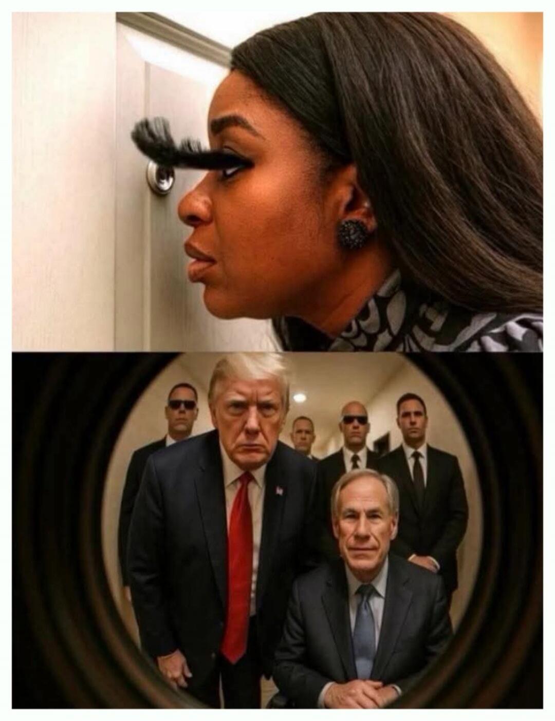 A woman with extremely long eyelashes is looking through a peephole, but her eyelash is blocking the view. Below, Donald Trump and Greg Abbott, surrounded by security, are looking directly at the viewer, as if being seen through a peephole.
