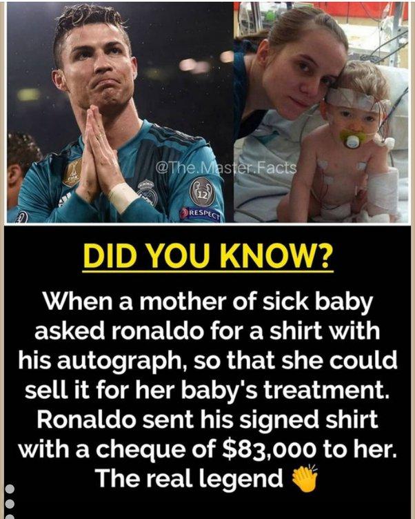 DR oVN k4 When a mother of sick baby asked ronaldo for a shirt with QIR TN deTe T Yol TR 1 1 S TR oL TT e sell it for her babys treatment 2T ET RTT 1 TR To Ty IYo B 11 4 with a cheque of 83000 to her The real legend