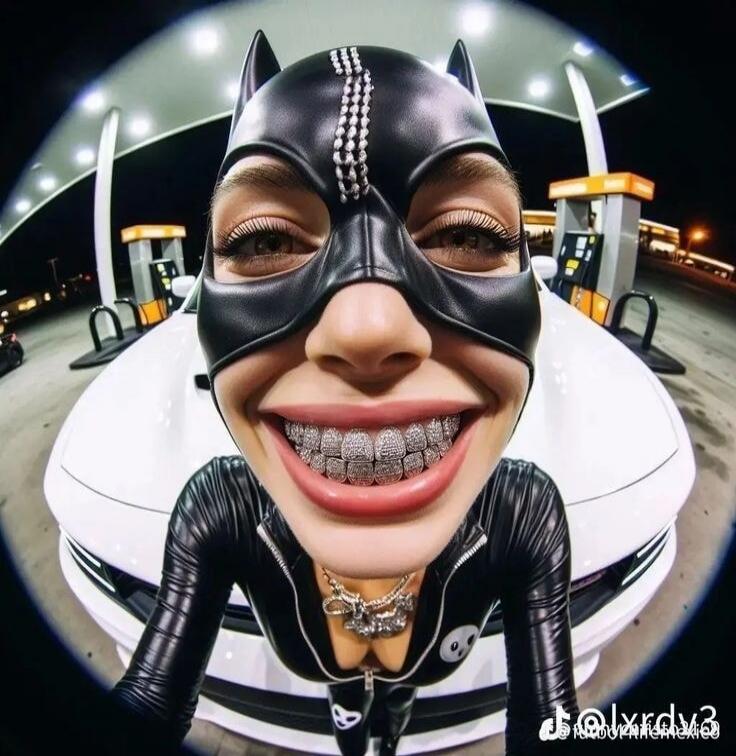 A person in a Catwoman-like costume with a black mask and cat ears, wearing diamond grills on their teeth, smiling widely. The image is taken with a fisheye lens, showing a distorted view of the person in front of a white car at what appears to be a gas station at night. The TikTok watermark '@lxrdy3' is visible.