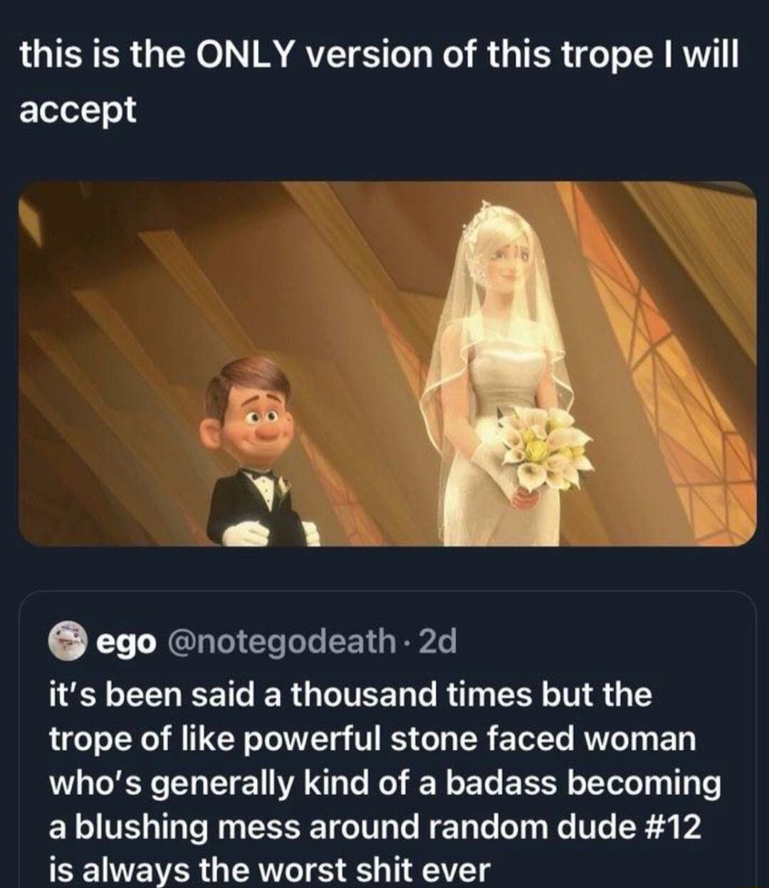this is the ONLY version of this trope I will ELTT ego notegodeath 2d L EE T ERGUITEEL LRI EE T Y trope of like powerful stone faced woman whos generally kind of a badass becoming ELTEL T R CERETCIT CREN G X T R is always the worst shit ever