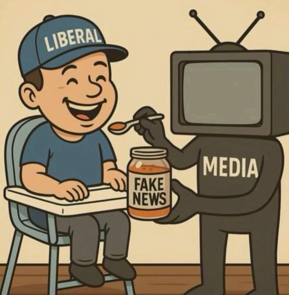 A child wearing a 'LIBERAL' cap is being fed 'FAKE NEWS' from a jar by a 'MEDIA' figure with a television head.