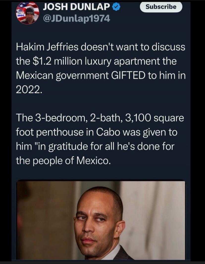 JOSH DUNLAP @JDunlap1974 Subscribe Hakim Jeffries doesn't want to discuss the $1.2 million luxury apartment the Mexican government GIFTED to him in 2022. The 3-bedroom, 2-bath, 3,100 square foot penthouse in Cabo was given to him 