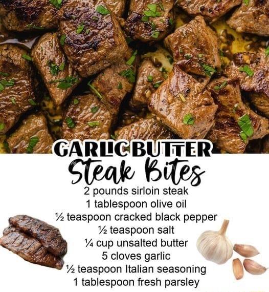 2 pounds sirloin steak 1 tablespoon olive oil 2 teaspoon cracked black pepper teaspoon salt J Y cup unsalted butter 5 cloves garlic b e teaspoon Italian seasoning r 1 tablespoon fresh parsley