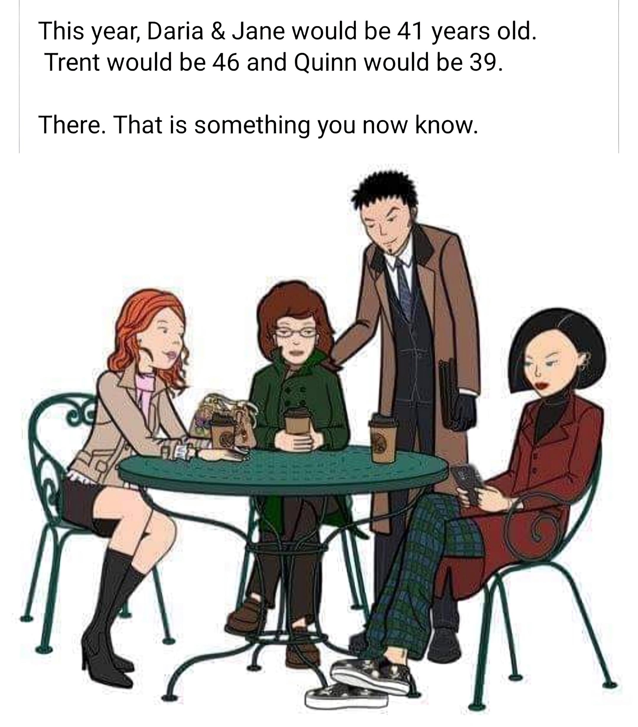 This year Daria Jane would be 41 years old Trent would be 46 and Quinn would be 39 There That is something you now know