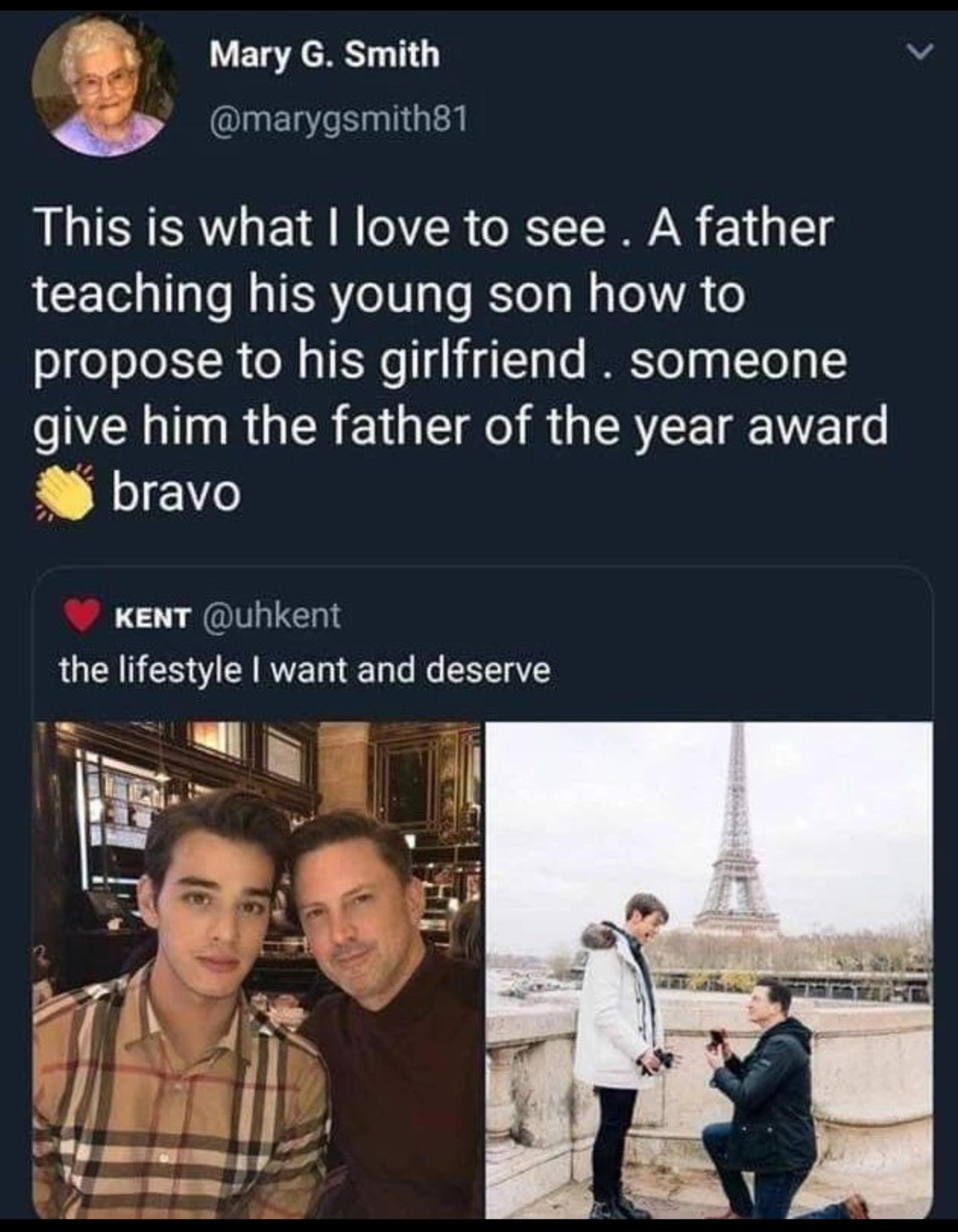 Mary G Smith maygsmithsl This is what love to see A father teaching his young son how to propose to his girlfriend someone give him the father of the year award bravo KenT uhkent the lifestyle want and deserve EQHIE_ P i 7 il