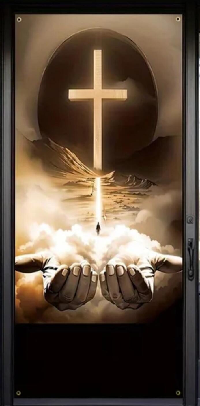 A glowing cross rising from open hands.