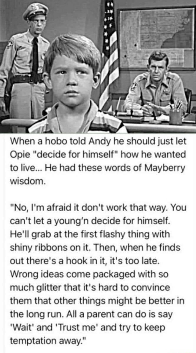 When a hobo told Andy he should just let Opie decide for himself how he wanted to live He had these words of Mayberry wisdom No Im afraid it dont work that way You cant let a youngn decide for himself Hell grab at the first flashy thing with shiny ribbons on it Then when he finds out theres a hook in it its too late Wrong ideas come packaged with so much glitter that its hard to convince them that