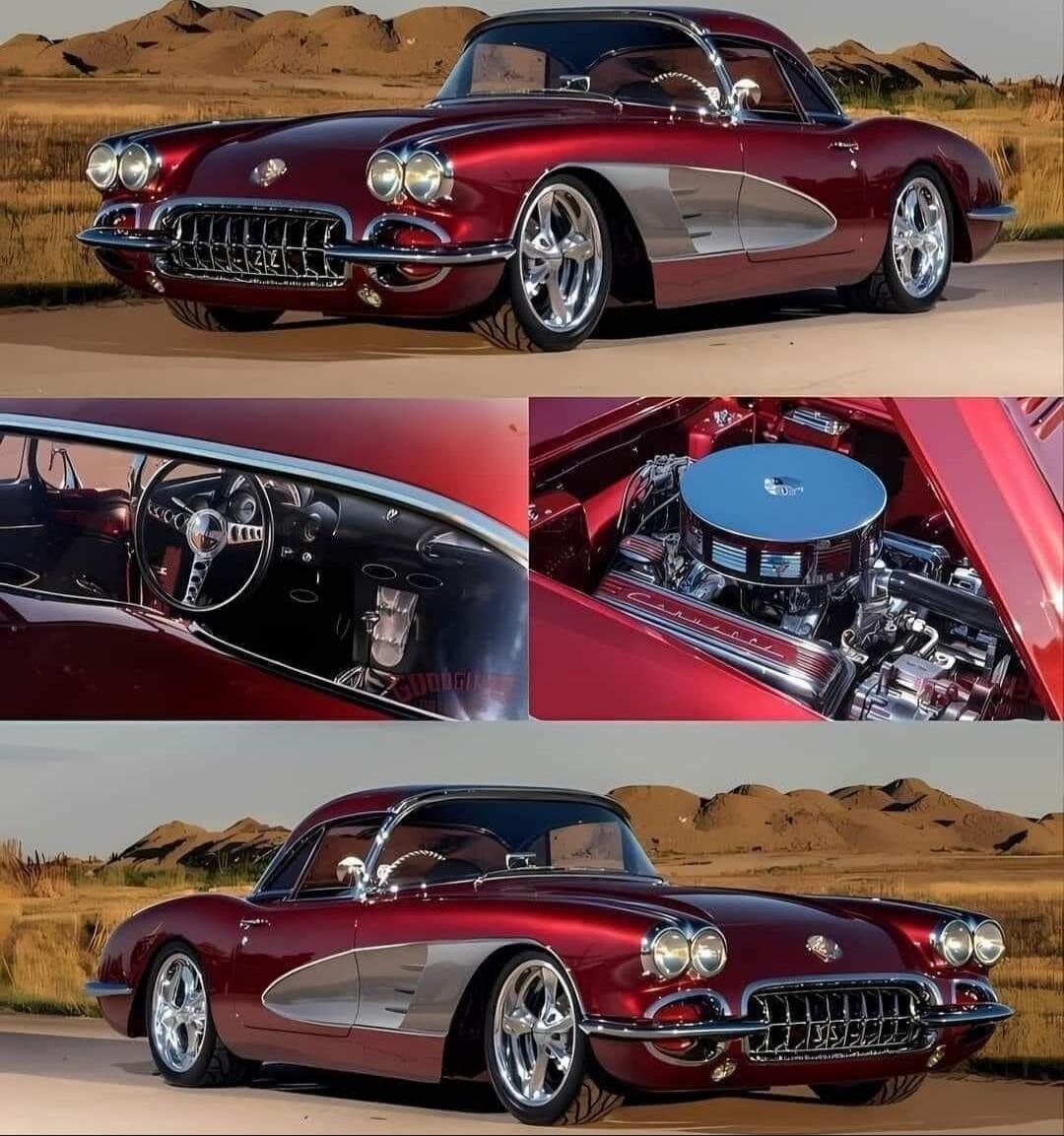 Collage of a glossy maroon vintage convertible car with chrome accents, including the front view, an interior shot, and a close-up of the engine. Desert landscape background.