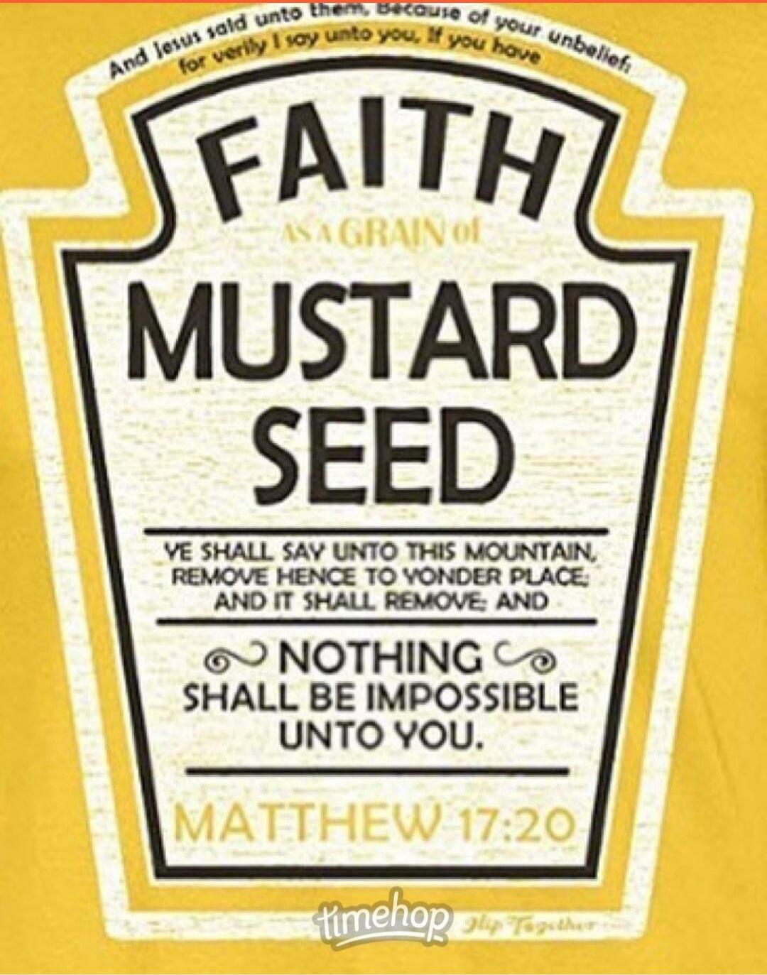 And Jesus said unto them, Because of your unbelief: for verily I say unto you, If you have FAITH AS A GRAIN of MUSTARD SEED, YE SHALL SAY UNTO THIS MOUNTAIN, REMOVE HENCE TO YONDER PLACE; AND IT SHALL REMOVE; AND NOTHING SHALL BE IMPOSSIBLE UNTO YOU. MATTHEW 17:20