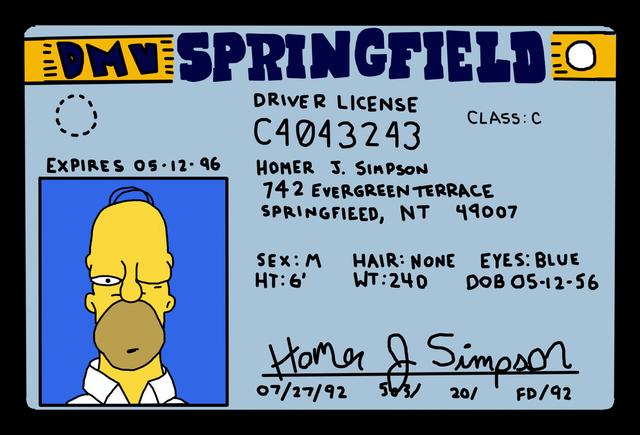 SPRINGFIELDC DRIVER LICENSE C4043243 HOMER 3 SinPson 742 EveRGREEN TERRACE SPRINGFIEED NT 49007 SEXM HAIR NONE EYESBLUE HT WT240 poBOS 12 56 dh SihpMX 72792 20 FpN2