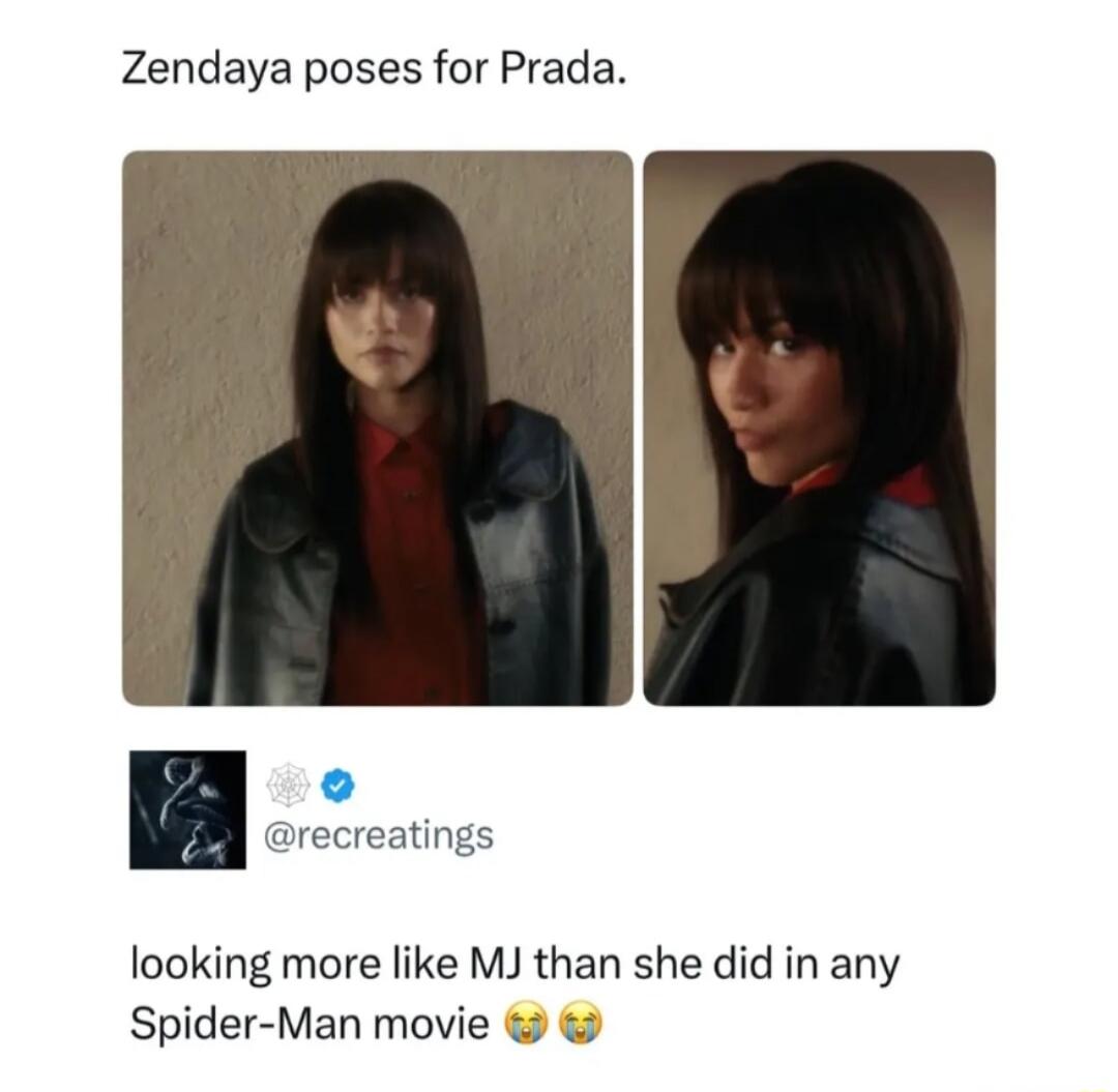Zendaya poses for Prada. @recreatings looking more like MJ than she did in any Spider-Man movie 😭😭