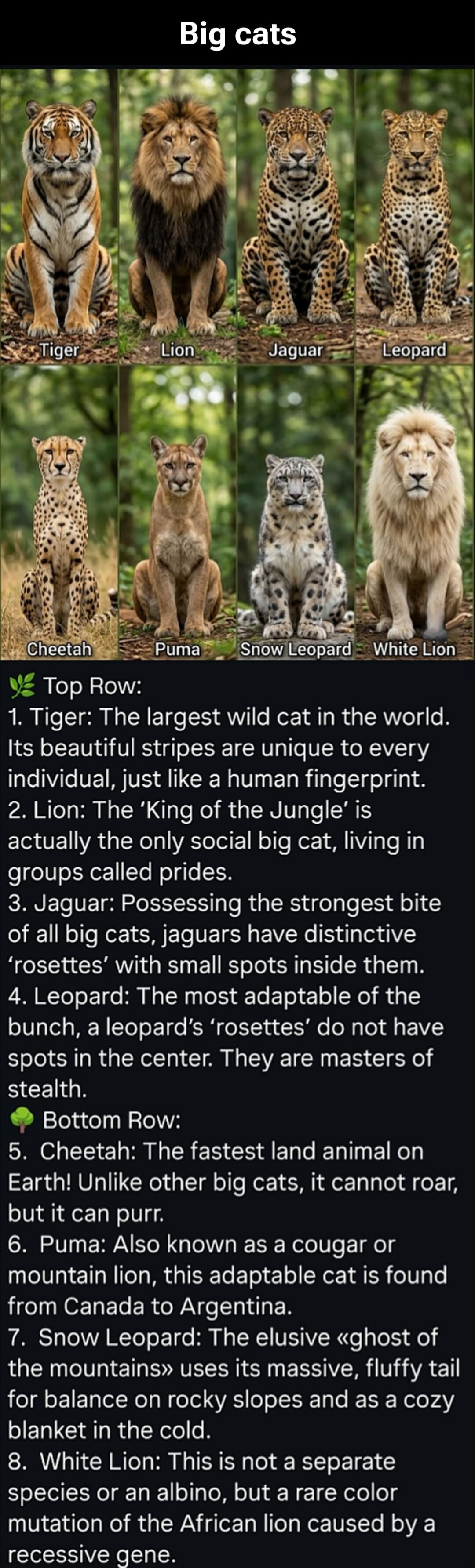 Big cats. Top Row: 1. Tiger: The largest wild cat in the world. Its beautiful stripes are unique to every individual, just like a human fingerprint. 2. Lion: The 'King of the Jungle' is actually the only social big cat, living in groups called prides. 3. Jaguar: Possessing the strongest bite of all big cats, jaguars have distinctive 'rosettes' with