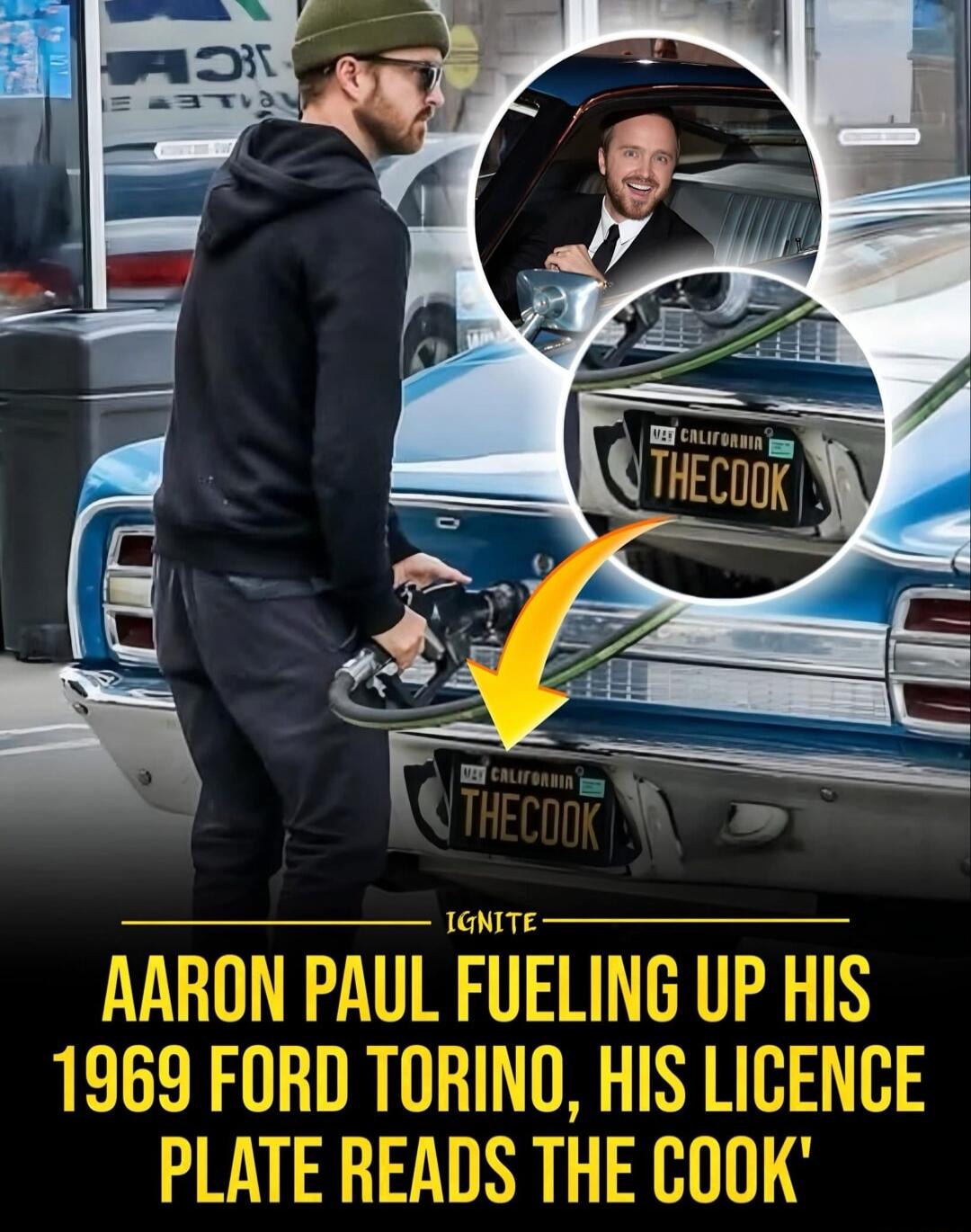 A man fueling up his 1969 Ford Torino; license plate reads THECOOK.