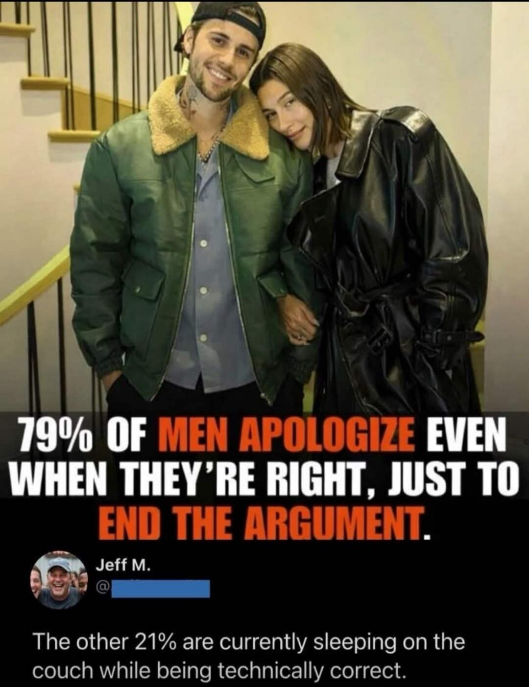 79% OF MEN APOLOGIZE EVEN WHEN THEY'RE RIGHT, JUST TO END THE ARGUMENT. Jeff M. The other 21% are currently sleeping on the couch while being technically correct.
