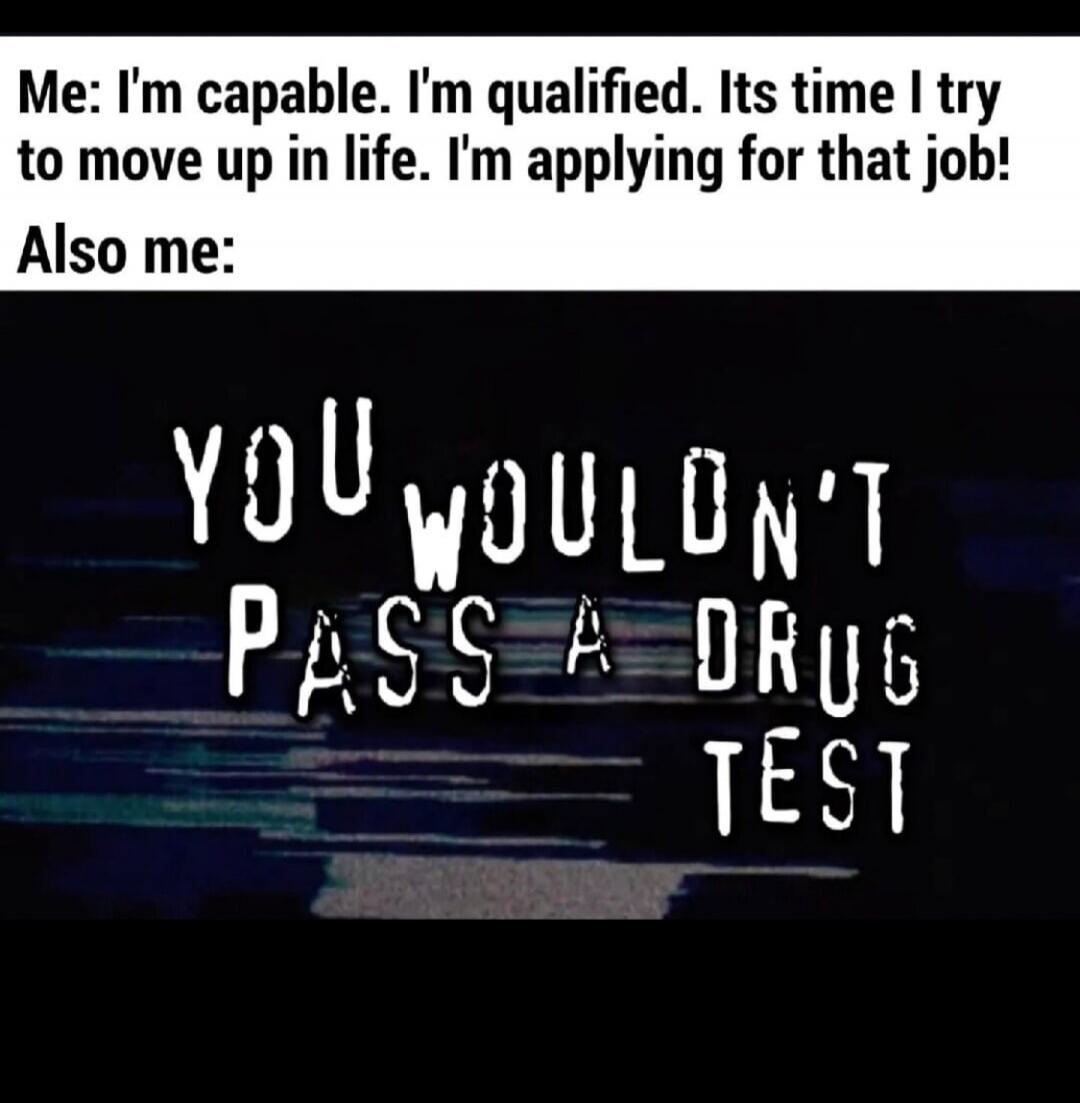 Me: I'm capable. I'm qualified. Its time I try to move up in life. I'm applying for that job! Also me: YOU WOULDN'T PASS A DRUG TEST