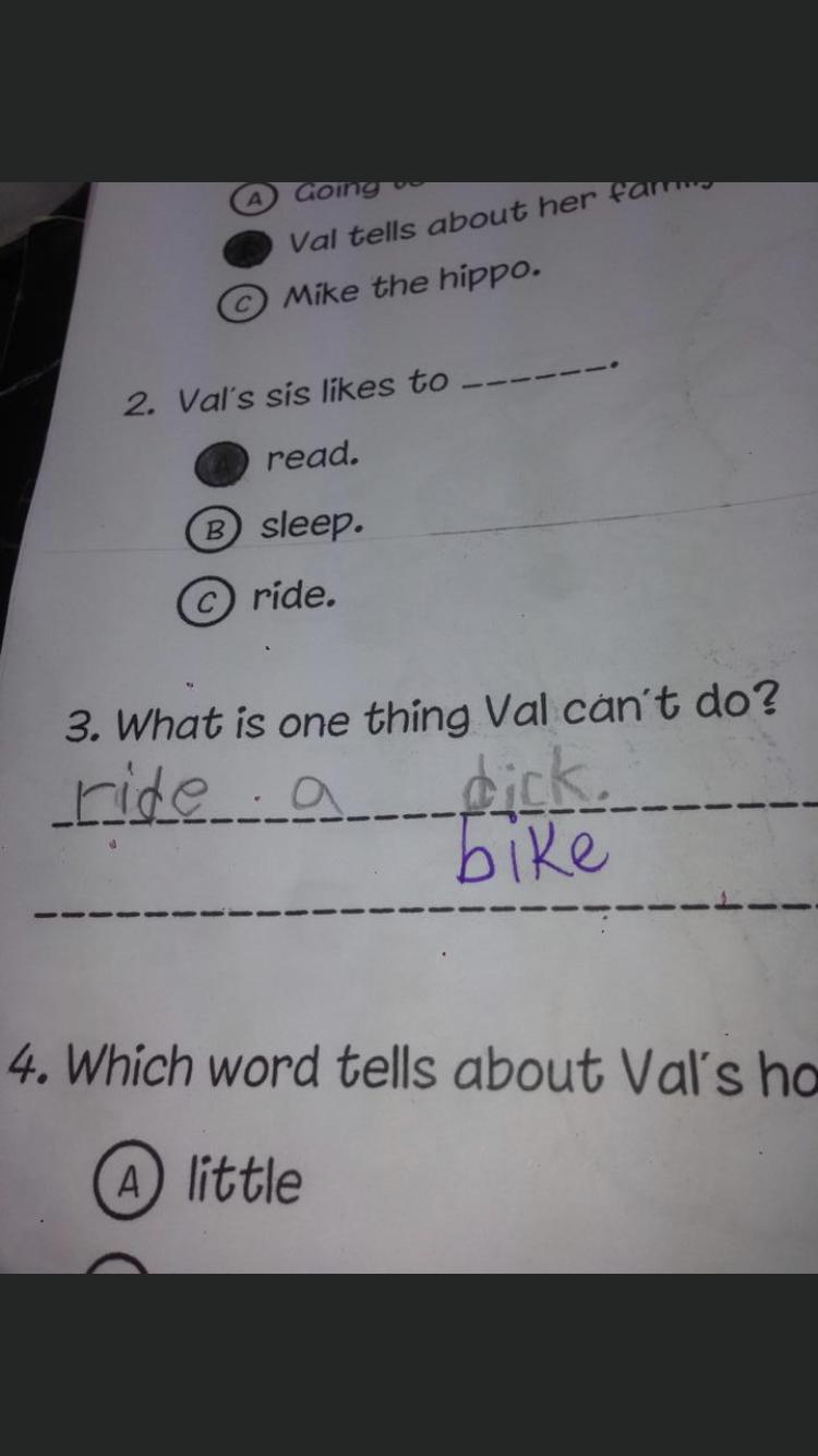 2 Vals sis likes t0 read sleep ride i Z 3 What is one thing Val can t do i __________ T T 4 Which word tells about Vals he little