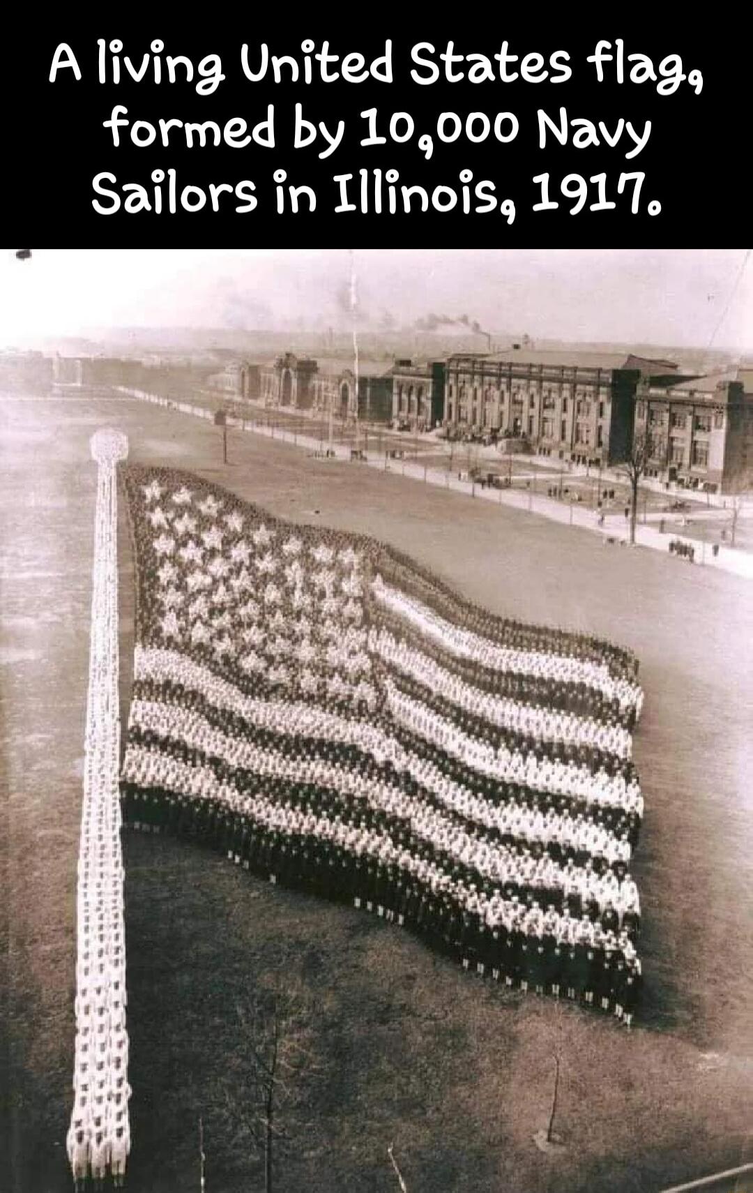 Aliving United States flag formed by 10000 Navy Sailors in Illinois 19117