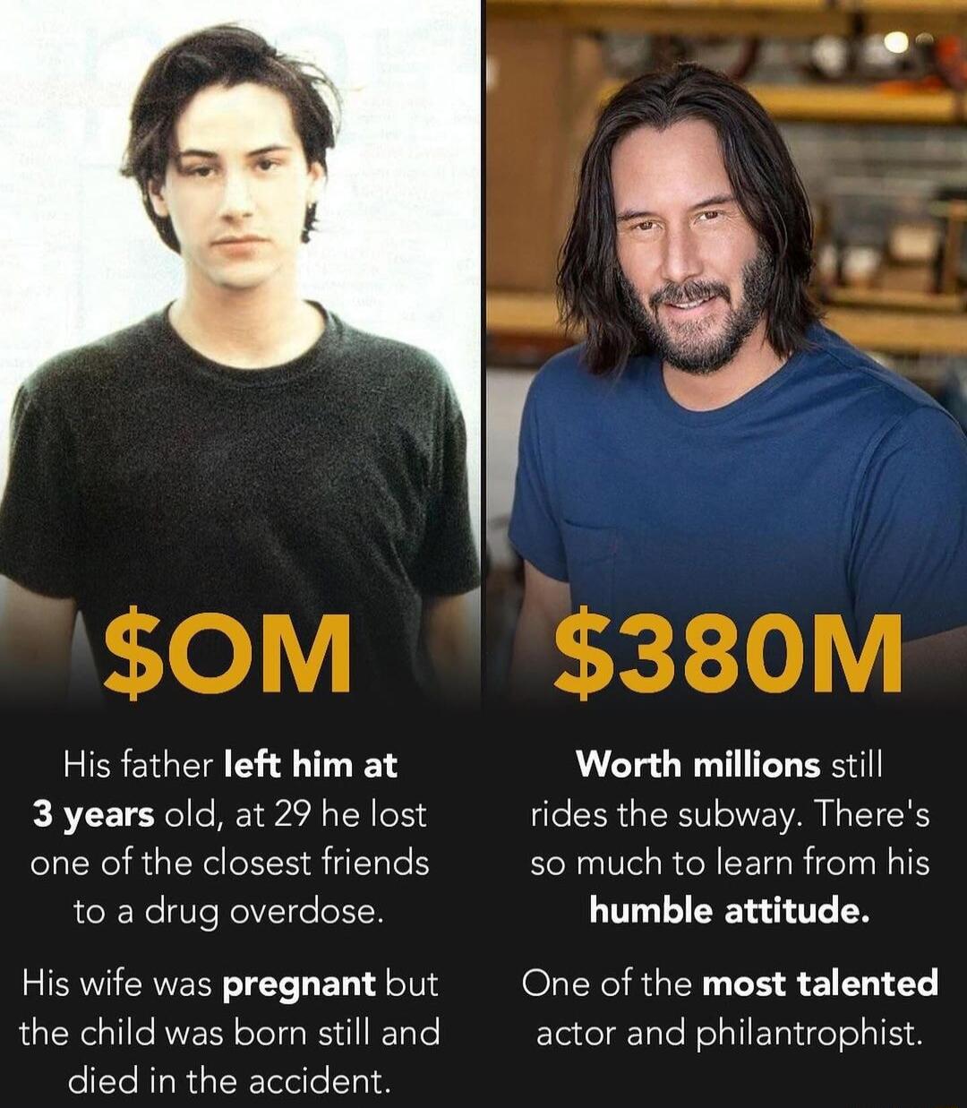 i OM 4 His father left him at 3 years old at 29 he lost one of the closest friends to a drug overdose His wife was pregnant but the child was born still and died in the accident 380M Worth millions il rides the subway Theres so much to lear from his humble attitude One of the most talented actor and philantrophist