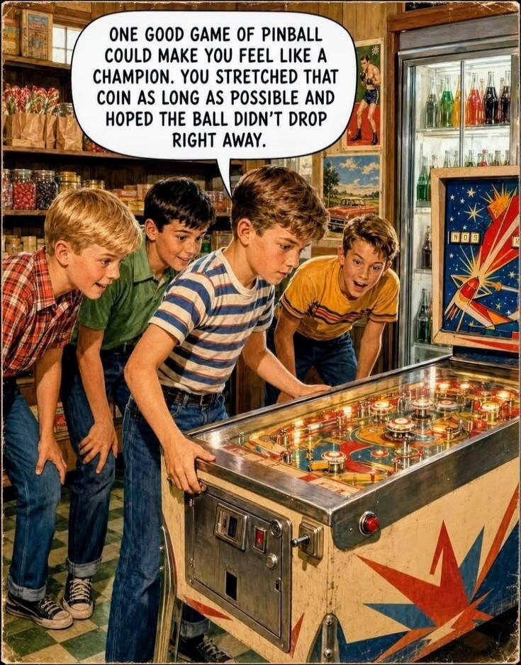 ONE GOOD GAME OF PINBALL COULD MAKE YOU FEEL LIKE A CHAMPION. YOU STRETCHED THAT COIN AS LONG AS POSSIBLE AND HOPED THE BALL DIDN'T DROP RIGHT AWAY.