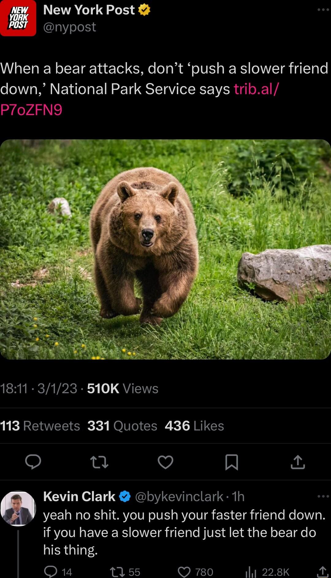 LETACIILE S nypost When a bear attacks dont push a slower friend down National Park Service says tribal P70ZFN9 CRIRCTATPE R QUEINH 113 Retweets 331 Quotes 436 Likes o o V R Kevin Clark bykevinclark 1h yeah no shit you push your faster friend down if you have a slower friend just let the bear do LIERGINTEN Q1 1155 780 Tl 228 K