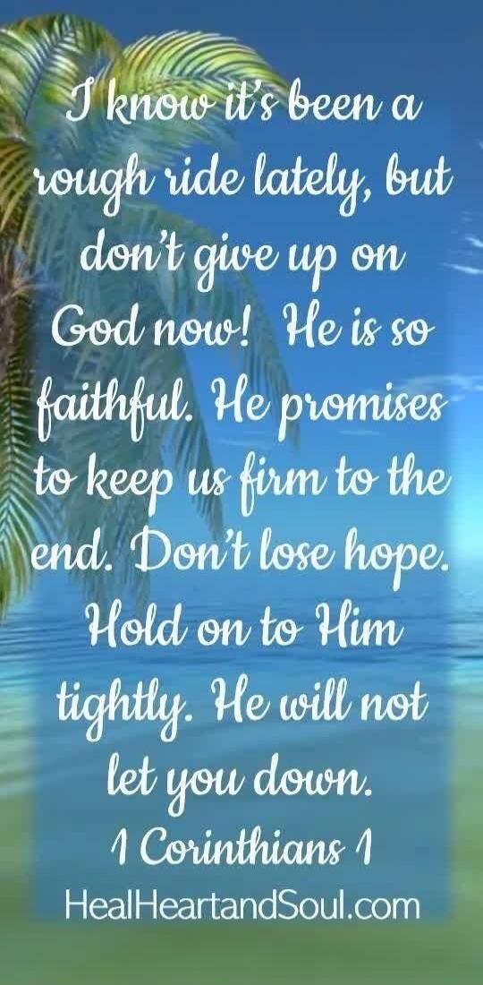 I know it's been a rough ride lately, but don't give up on God now! He is so faithful. He promises to keep us firm to the end. Don't lose hope. Hold on to Him tightly. He will not let you down. 1 Corinthians 1 HealHeartandSoul.com