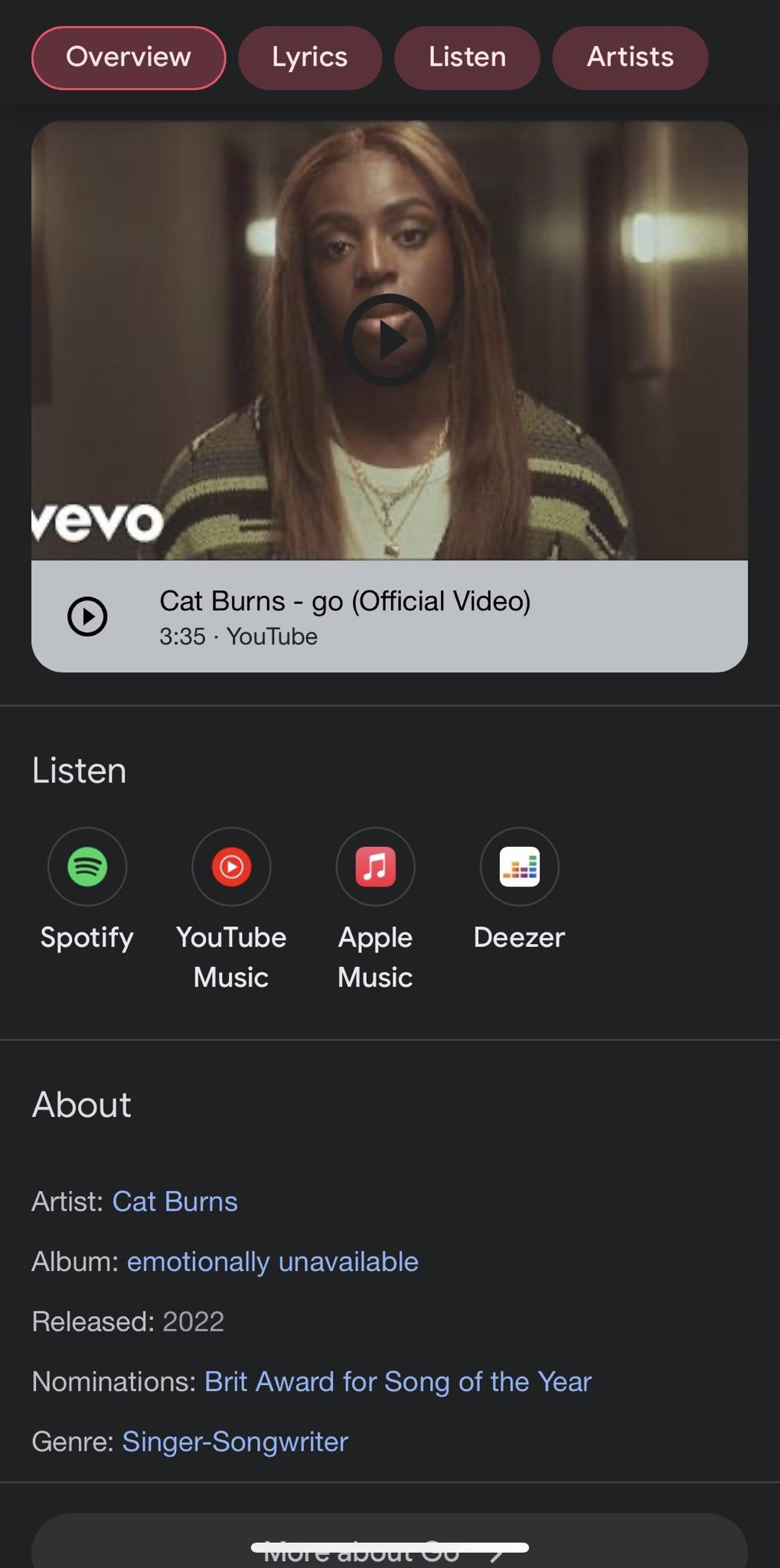 Overview Lyrics Listen Artists Cat Burns go Official Video REEY e o o 8 Spotify YouTube Apple Deezer Music Music About Artist Cat Burns Album emotionally unavailable Released 2022 Nominations Brit Award for Song of the Year Genre Singer Songwriter e