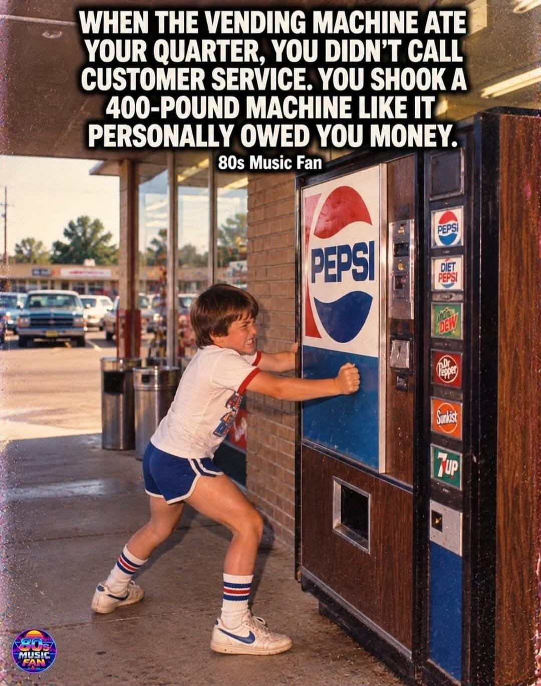 WHEN THE VENDING MACHINE ATE YOUR QUARTER, YOU DIDN'T CALL CUSTOMER SERVICE. YOU SHOOK A 400-POUND MACHINE LIKE IT PERSONALLY OWED YOU MONEY. 80s Music Fan