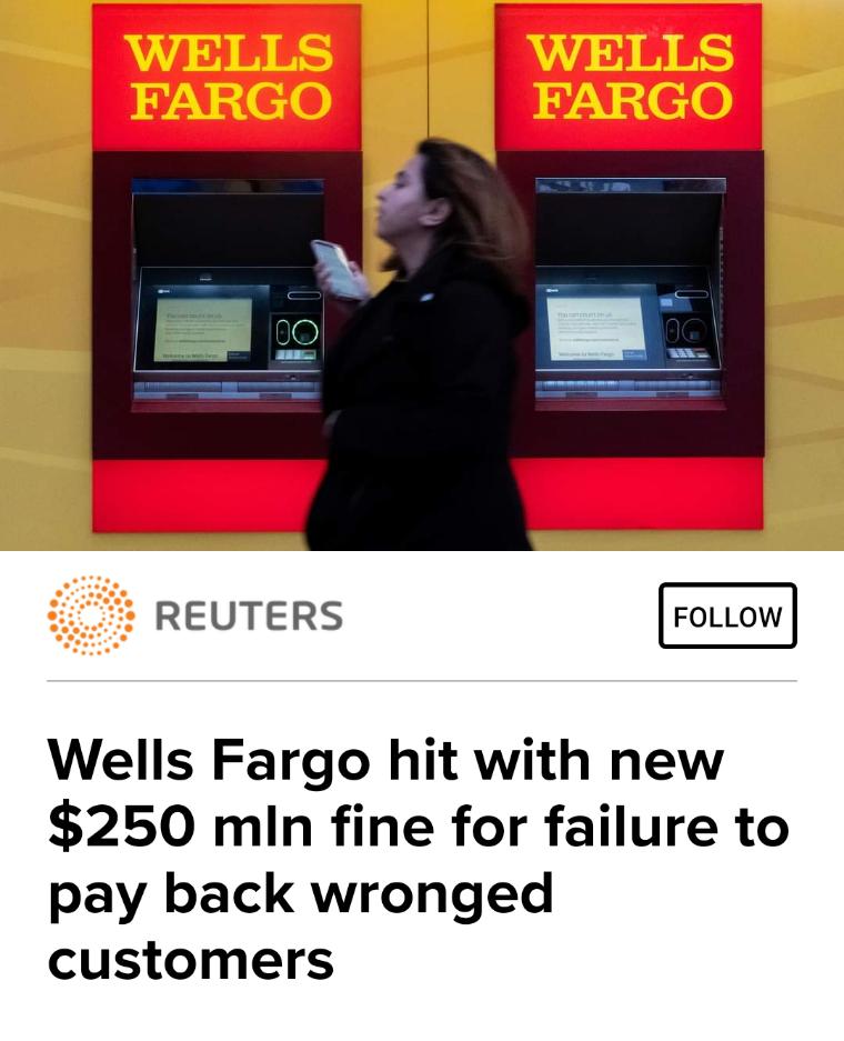 REUTERS Wells Fargo hit with new 250 min fine for failure to pay back wronged customers