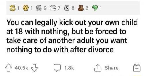 You can legally kick out your own child at 18 with nothing, but be forced to take care of another adult you want nothing to do with after divorce
Session ID: 1054298.