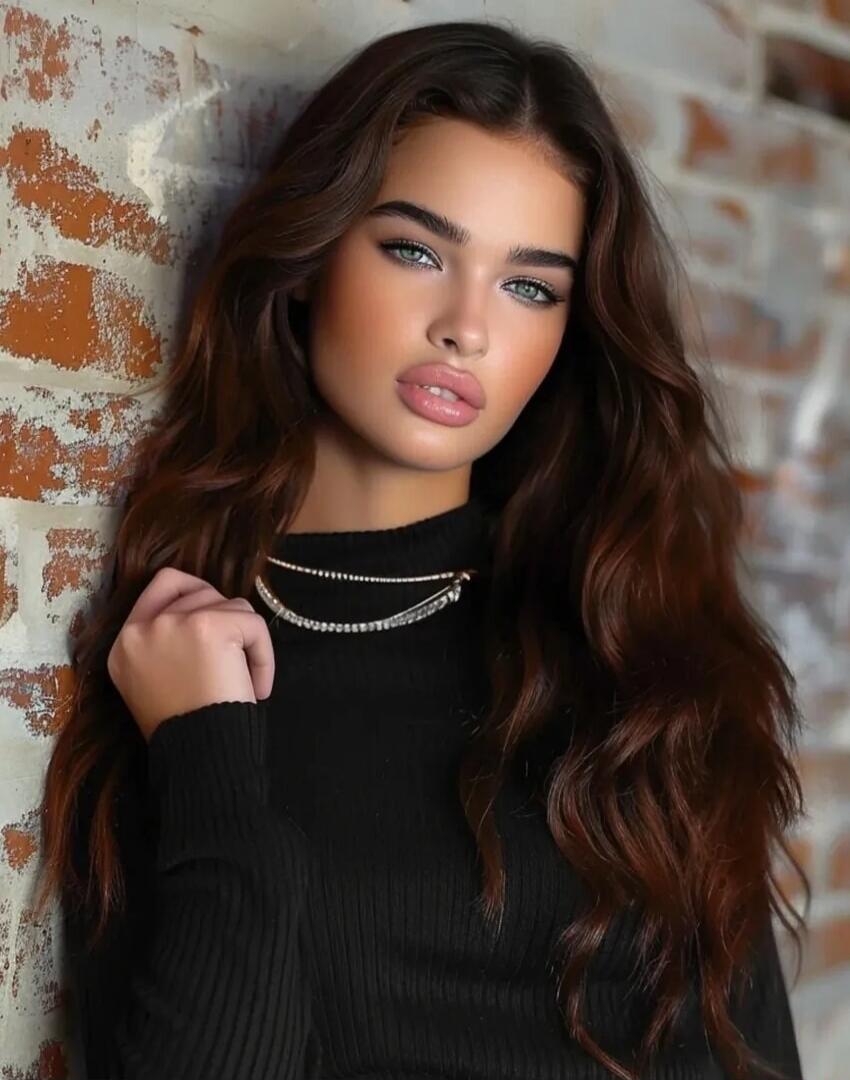 A portrait of a young woman with long wavy brown hair, blue/green eyes, wearing a black ribbed sweater and a silver necklace, leaning against a brick wall.