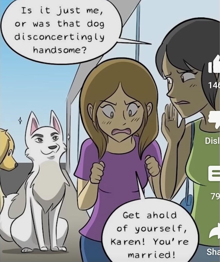 Is it just me or was that dog disconcertingly handsome Get ahold of yourself Karen Youre married
